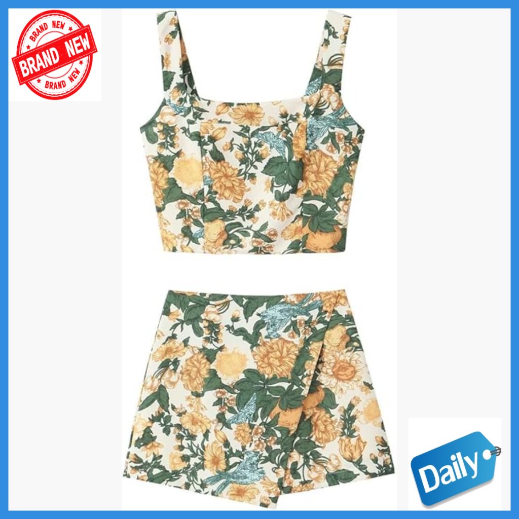 Floral Two Piece Skirt Set Sleeveless Crop Top Mini Skirt Polyester Spandex